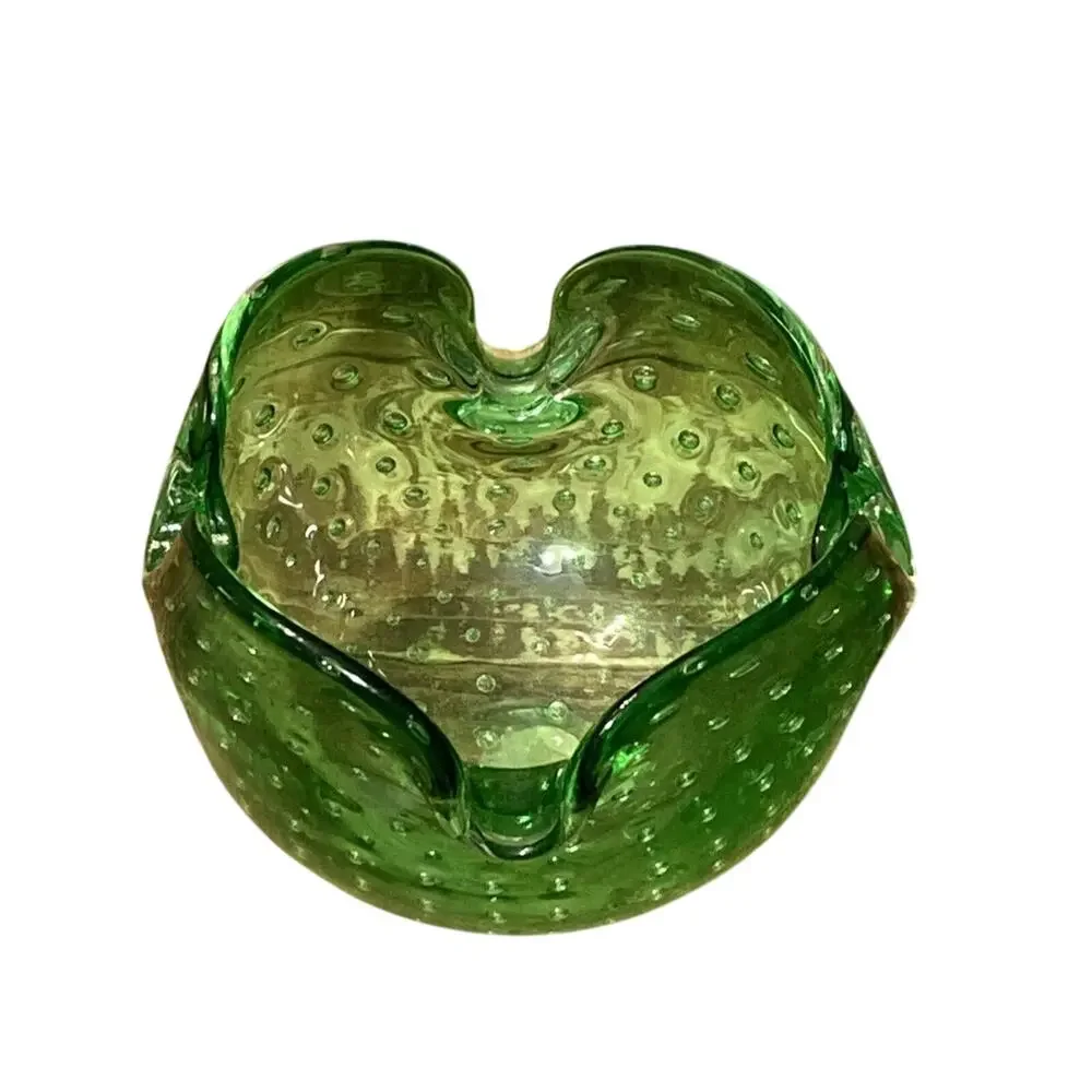 Vintage Italian Bullicante Art Glass Ashtray Murano Style Green Bowl 4.125